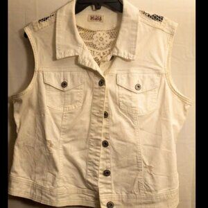 Mudd Junior Women's White Lace-Back Sleeveless Button-Front Collared Vest Sz XL